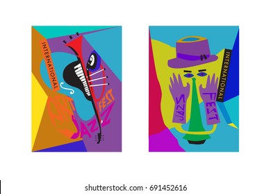 Colorful international jazz festival. Musicians, singers and musical instruments poster set flat vector illustration. Poster template for jazz and music events.