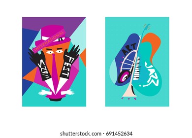 Colorful international jazz festival. Musicians, singers and musical instruments poster set flat vector illustration. Poster template for jazz and music events.