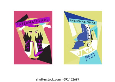 Colorful international jazz festival. Musicians, singers and musical instruments poster set flat vector illustration. Poster template for jazz and music events.