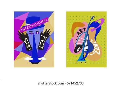 Colorful international jazz festival. Musicians, singers and musical instruments poster set flat vector illustration. Poster template for jazz and music events.