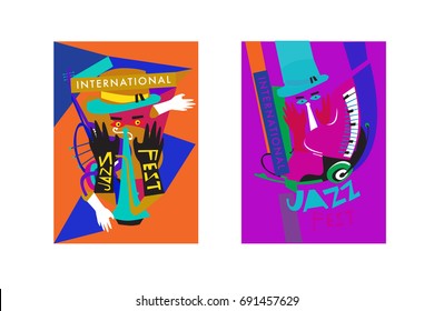 Colorful international jazz festival. Musicians, singers and musical instruments poster set flat vector illustration. Poster template for jazz and music events.