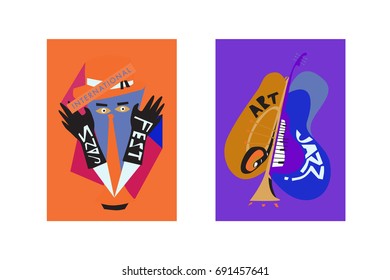 Colorful international jazz festival. Musicians, singers and musical instruments poster set flat vector illustration. Poster template for jazz and music events.