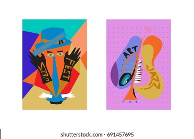 Colorful international jazz festival. Musicians, singers and musical instruments poster set flat vector illustration. Poster template for jazz and music events.