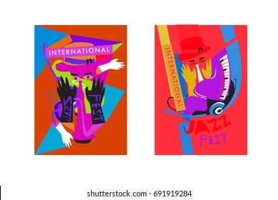 Colorful international jazz festival. Musicians, singers and musical instruments poster set flat vector illustration. Poster template for jazz and music events.
