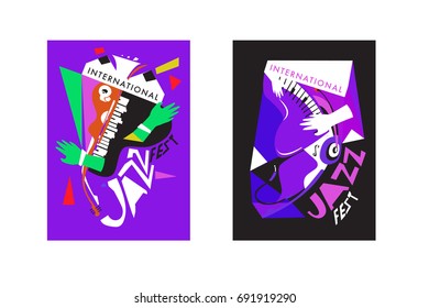 Colorful international jazz festival. Musicians, singers and musical instruments poster set flat vector illustration. Poster template for jazz and music events.