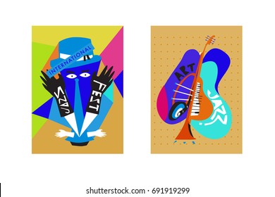 Colorful international jazz festival. Musicians, singers and musical instruments poster set flat vector illustration. Poster template for jazz and music events.