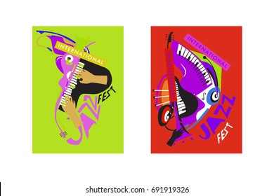 Colorful international jazz festival. Musicians, singers and musical instruments poster set flat vector illustration. Poster template for jazz and music events.