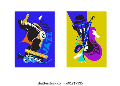 Colorful international jazz festival. Musicians, singers and musical instruments poster set flat vector illustration. Poster template for jazz and music events.