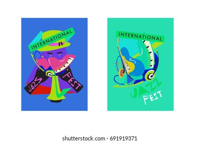 Colorful international jazz festival. Musicians, singers and musical instruments poster set flat vector illustration. Poster template for jazz and music events.