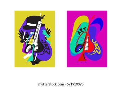 Colorful international jazz festival. Musicians, singers and musical instruments poster set flat vector illustration. Poster template for jazz and music events.