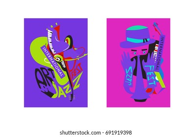 Colorful international jazz festival. Musicians, singers and musical instruments poster set flat vector illustration. Poster template for jazz and music events.