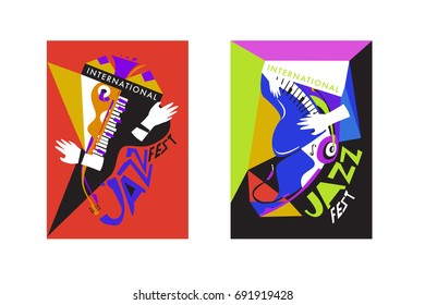 Colorful international jazz festival. Musicians, singers and musical instruments poster set flat vector illustration. Poster template for jazz and music events.