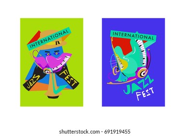 Colorful international jazz festival. Musicians, singers and musical instruments poster set flat vector illustration. Poster template for jazz and music events.