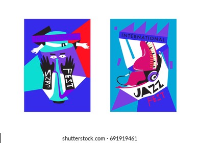 Colorful international jazz festival. Musicians, singers and musical instruments poster set flat vector illustration. Poster template for jazz and music events.