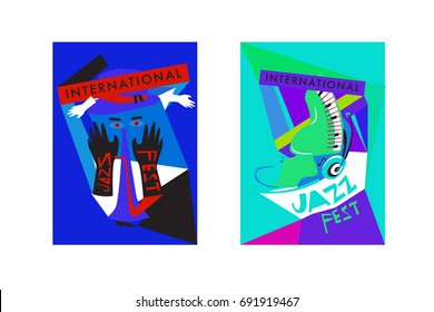 Colorful international jazz festival. Musicians, singers and musical instruments poster set flat vector illustration. Poster template for jazz and music events.