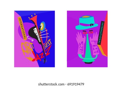 Colorful international jazz festival. Musicians, singers and musical instruments poster set flat vector illustration. Poster template for jazz and music events.