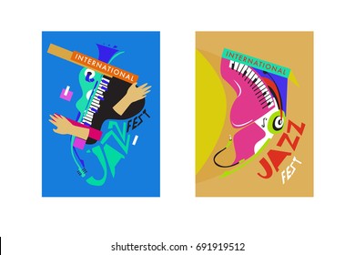 Colorful international jazz festival. Musicians, singers and musical instruments poster set flat vector illustration. Poster template for jazz and music events.