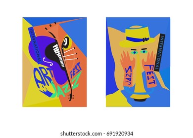 Colorful international jazz festival. Musicians, singers and musical instruments poster set flat vector illustration. Poster template for jazz and music events.