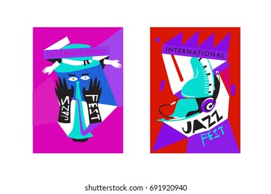 Colorful international jazz festival. Musicians, singers and musical instruments poster set flat vector illustration. Poster template for jazz and music events.