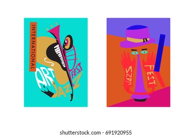 Colorful international jazz festival. Musicians, singers and musical instruments poster set flat vector illustration. Poster template for jazz and music events.