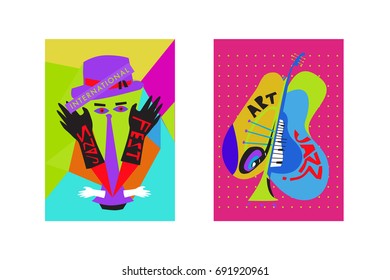 Colorful international jazz festival. Musicians, singers and musical instruments poster set flat vector illustration. Poster template for jazz and music events.