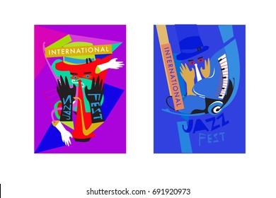 Colorful international jazz festival. Musicians, singers and musical instruments poster set flat vector illustration. Poster template for jazz and music events.