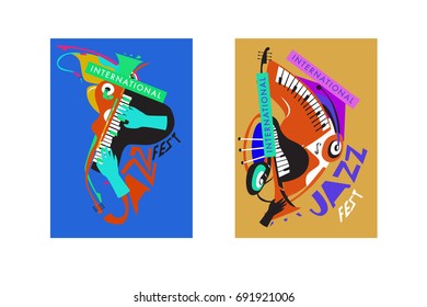 Colorful international jazz festival. Musicians, singers and musical instruments poster set flat vector illustration. Poster template for jazz and music events.