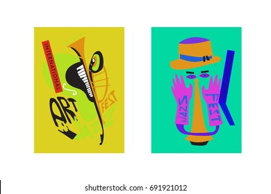 Colorful international jazz festival. Musicians, singers and musical instruments poster set flat vector illustration. Poster template for jazz and music events.