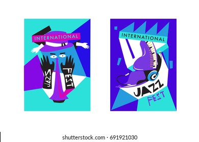 Colorful international jazz festival. Musicians, singers and musical instruments poster set flat vector illustration. Poster template for jazz and music events.
