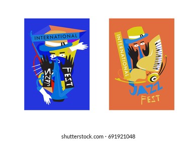 Colorful international jazz festival. Musicians, singers and musical instruments poster set flat vector illustration. Poster template for jazz and music events.