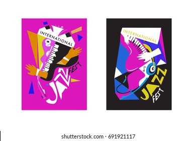 Colorful international jazz festival. Musicians, singers and musical instruments poster set flat vector illustration. Poster template for jazz and music events.