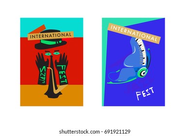 Colorful international jazz festival. Musicians, singers and musical instruments poster set flat vector illustration. Poster template for jazz and music events.