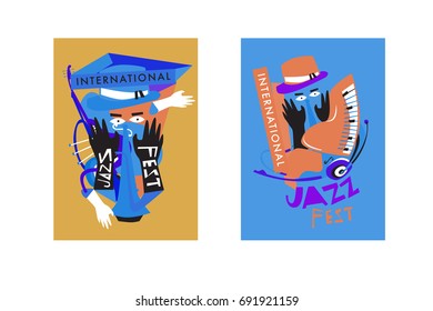 Colorful international jazz festival. Musicians, singers and musical instruments poster set flat vector illustration. Poster template for jazz and music events.