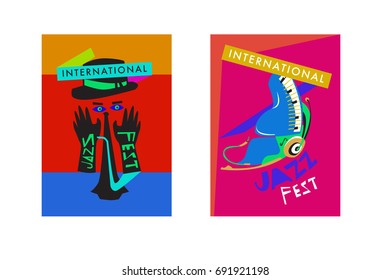 Colorful international jazz festival. Musicians, singers and musical instruments poster set flat vector illustration. Poster template for jazz and music events.