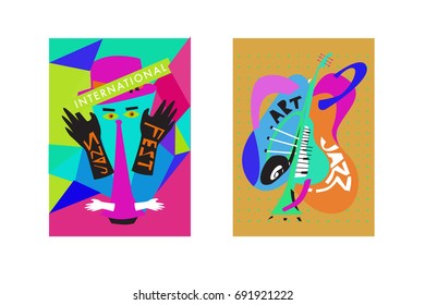 Colorful international jazz festival. Musicians, singers and musical instruments poster set flat vector illustration. Poster template for jazz and music events.
