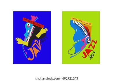 Colorful international jazz festival. Musicians, singers and musical instruments poster set flat vector illustration. Poster template for jazz and music events.