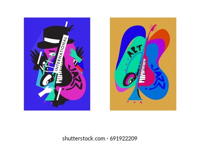 Colorful international jazz festival. Musicians, singers and musical instruments poster set flat vector illustration. Poster template for jazz and music events.