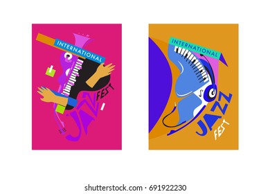 Colorful international jazz festival. Musicians, singers and musical instruments poster set flat vector illustration. Poster template for jazz and music events.