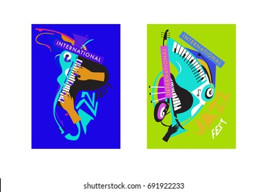 Colorful international jazz festival. Musicians, singers and musical instruments poster set flat vector illustration. Poster template for jazz and music events.