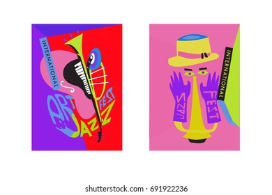 Colorful international jazz festival. Musicians, singers and musical instruments poster set flat vector illustration. Poster template for jazz and music events.