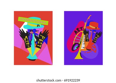 Colorful international jazz festival. Musicians, singers and musical instruments poster set flat vector illustration. Poster template for jazz and music events.