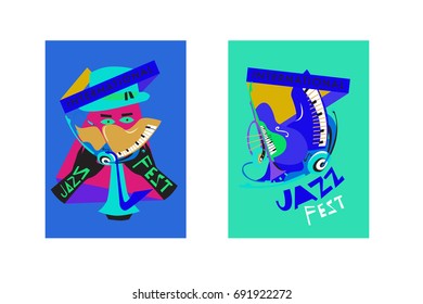 Colorful international jazz festival. Musicians, singers and musical instruments poster set flat vector illustration. Poster template for jazz and music events.