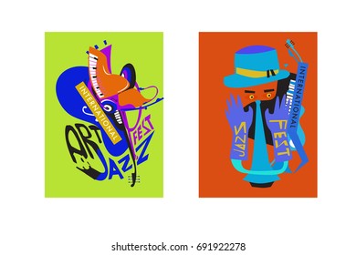 Colorful international jazz festival. Musicians, singers and musical instruments poster set flat vector illustration. Poster template for jazz and music events.
