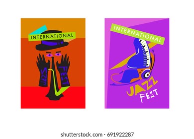 Colorful international jazz festival. Musicians, singers and musical instruments poster set flat vector illustration. Poster template for jazz and music events.