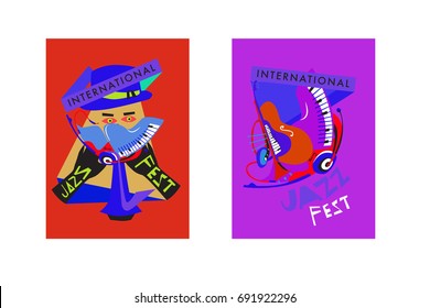 Colorful international jazz festival. Musicians, singers and musical instruments poster set flat vector illustration. Poster template for jazz and music events.
