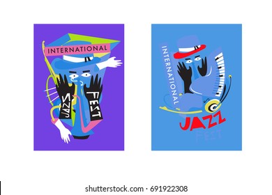 Colorful international jazz festival. Musicians, singers and musical instruments poster set flat vector illustration. Poster template for jazz and music events.