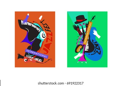 Colorful international jazz festival. Musicians, singers and musical instruments poster set flat vector illustration. Poster template for jazz and music events.