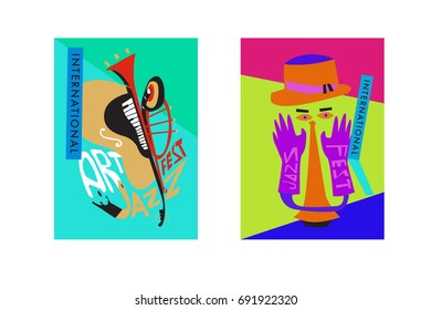 Colorful international jazz festival. Musicians, singers and musical instruments poster set flat vector illustration. Poster template for jazz and music events.