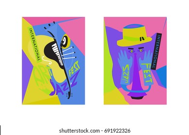 Colorful international jazz festival. Musicians, singers and musical instruments poster set flat vector illustration. Poster template for jazz and music events.