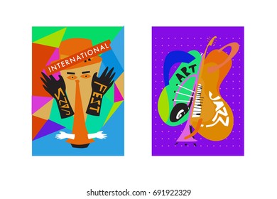 Colorful international jazz festival. Musicians, singers and musical instruments poster set flat vector illustration. Poster template for jazz and music events.